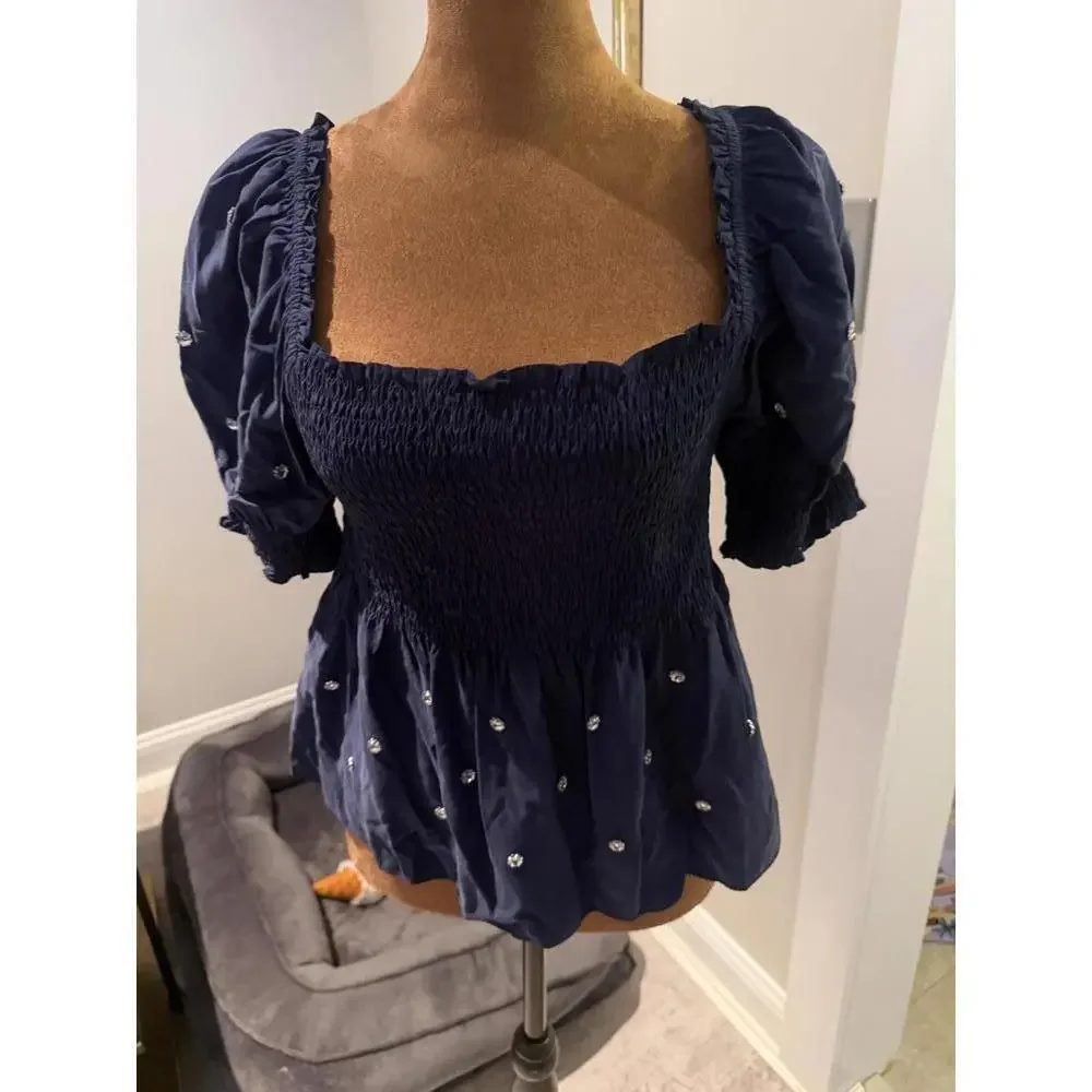 Hill House Navy Blue Smocked Embellished Puff Sleeve Blouse sz L